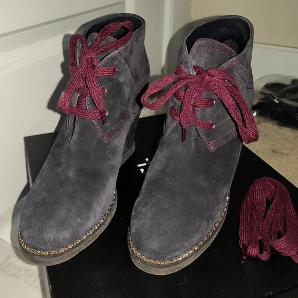 CHANEL Blueberry Blue Suede Wedge Boots 38.5
